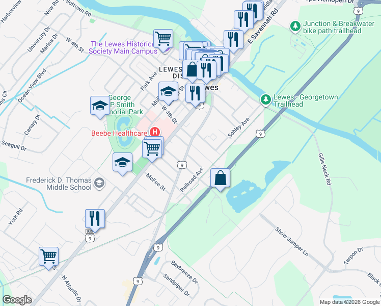 map of restaurants, bars, coffee shops, grocery stores, and more near 412 Kings Highway in Lewes