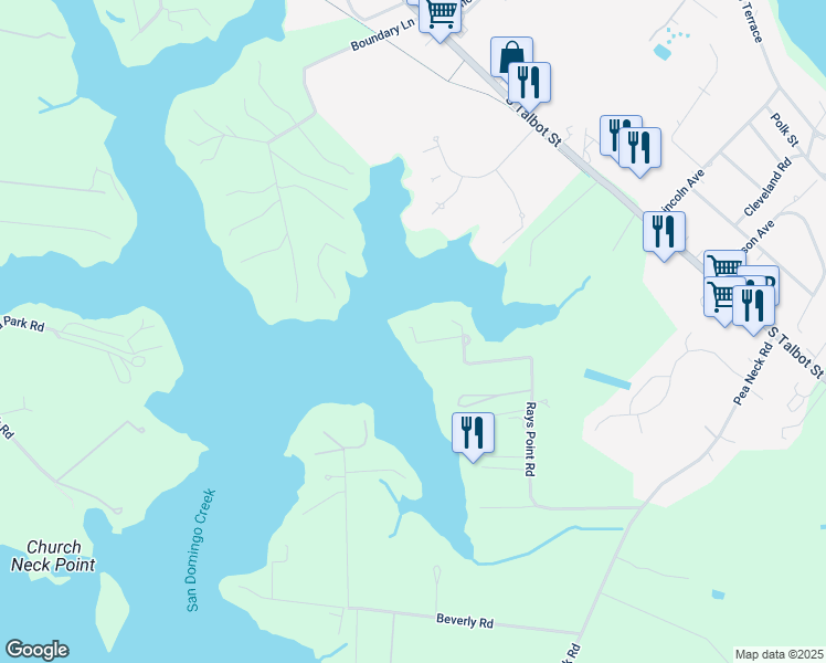 map of restaurants, bars, coffee shops, grocery stores, and more near 24700 Rays Point Road in Saint Michaels