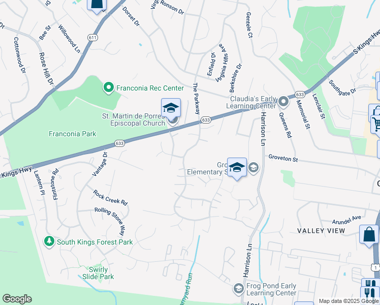 map of restaurants, bars, coffee shops, grocery stores, and more near 6717 Stoneybrooke Lane in Alexandria