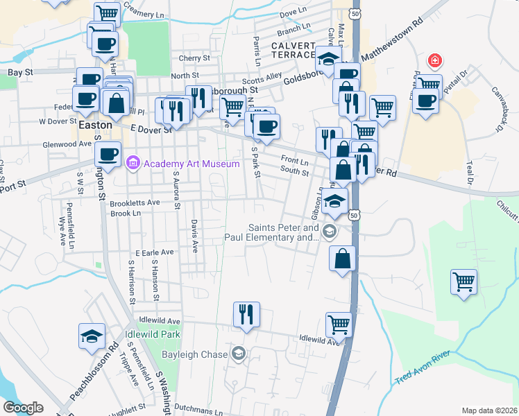 map of restaurants, bars, coffee shops, grocery stores, and more near 510 Brookletts Avenue in Easton