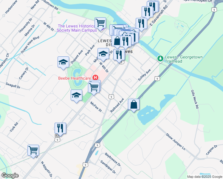 map of restaurants, bars, coffee shops, grocery stores, and more near 420 Kings Highway in Lewes