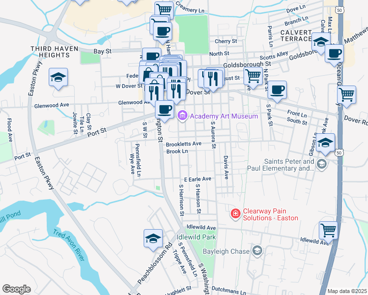 map of restaurants, bars, coffee shops, grocery stores, and more near 200 South Harrison Street in Easton