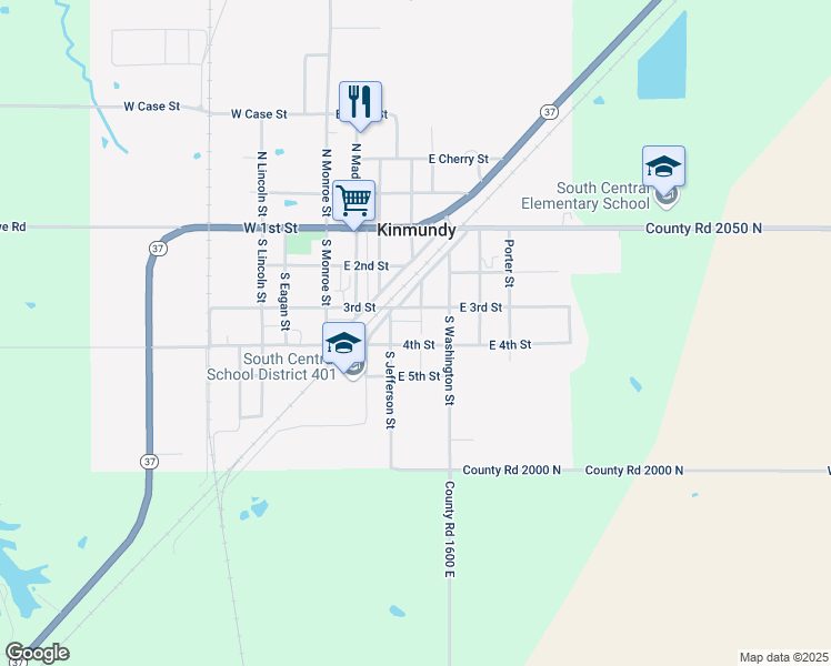 map of restaurants, bars, coffee shops, grocery stores, and more near 301-399 East 3rd Street in Kinmundy
