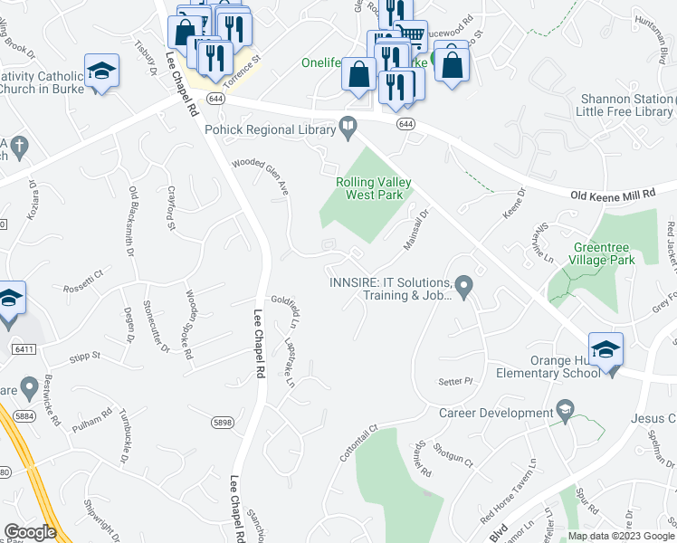 map of restaurants, bars, coffee shops, grocery stores, and more near 6717 Sunset Woods Court in Burke