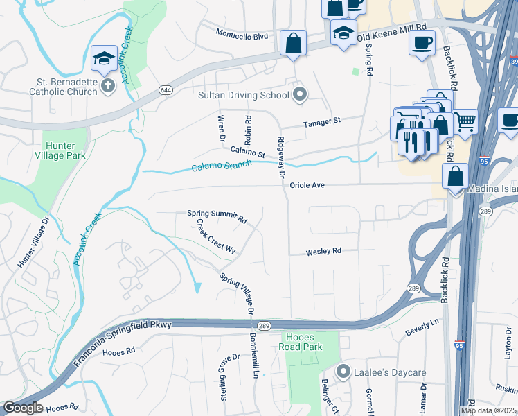 map of restaurants, bars, coffee shops, grocery stores, and more near 7398 Spring Summit Road in Springfield
