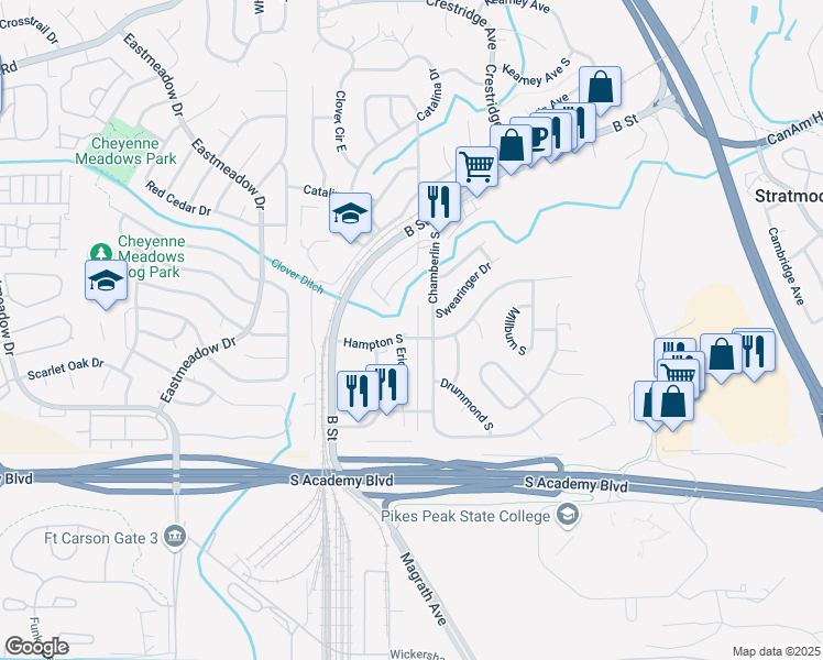 map of restaurants, bars, coffee shops, grocery stores, and more near 1732 Hampton South in Colorado Springs