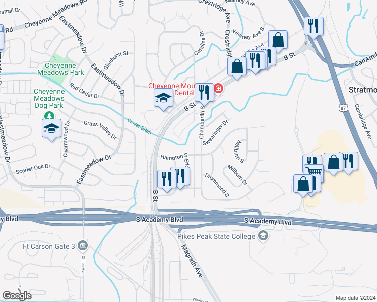 map of restaurants, bars, coffee shops, grocery stores, and more near 1732 Hampton South in Colorado Springs
