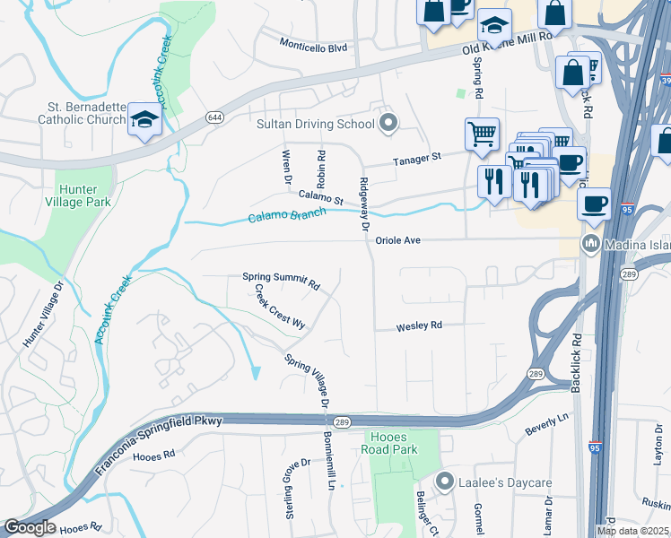 map of restaurants, bars, coffee shops, grocery stores, and more near 7398 Spring Summit Road in Springfield