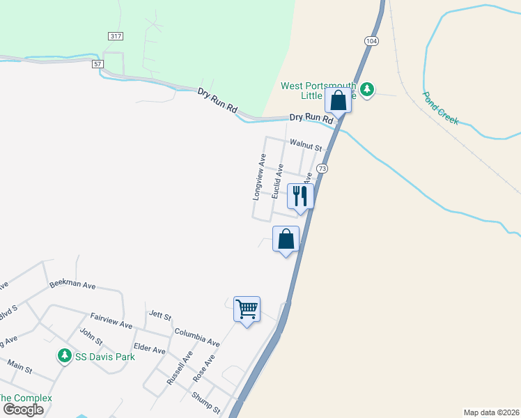 map of restaurants, bars, coffee shops, grocery stores, and more near 2657 Euclid Avenue in West Portsmouth