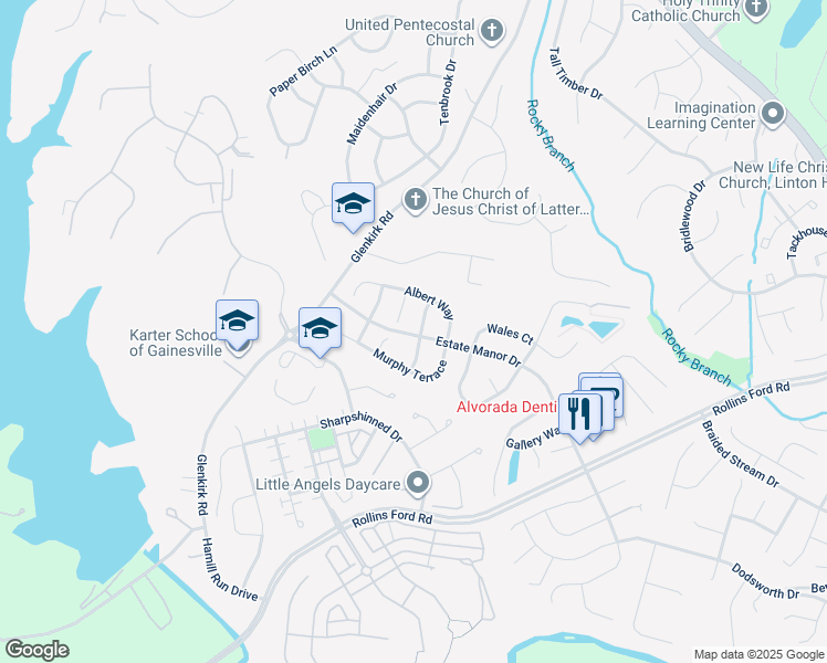 map of restaurants, bars, coffee shops, grocery stores, and more near 14168 Estate Manor Drive in Gainesville