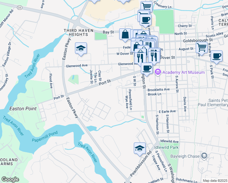 map of restaurants, bars, coffee shops, grocery stores, and more near 233 Brookwood Avenue in Easton