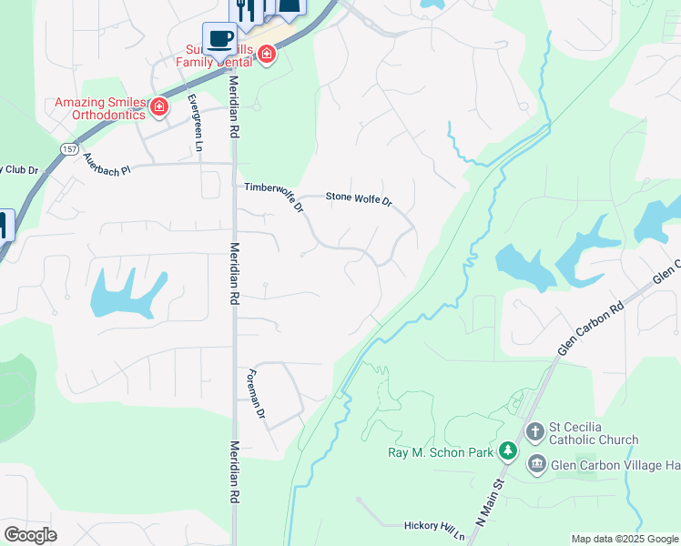 map of restaurants, bars, coffee shops, grocery stores, and more near 41 Wolfe Creek Court in Glen Carbon