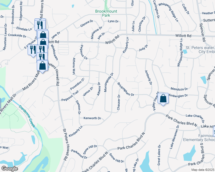 map of restaurants, bars, coffee shops, grocery stores, and more near 407 Morningside Drive in St. Peters
