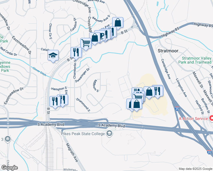 map of restaurants, bars, coffee shops, grocery stores, and more near Brandon Drive in Colorado Springs