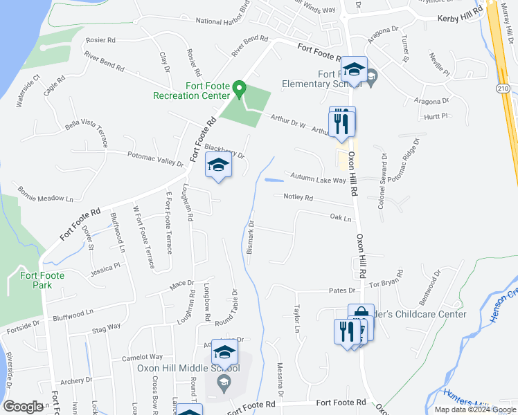 map of restaurants, bars, coffee shops, grocery stores, and more near 8702 Bismark Drive in Fort Washington