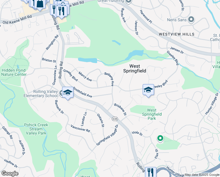 map of restaurants, bars, coffee shops, grocery stores, and more near 8101 Greeley Boulevard in West Springfield