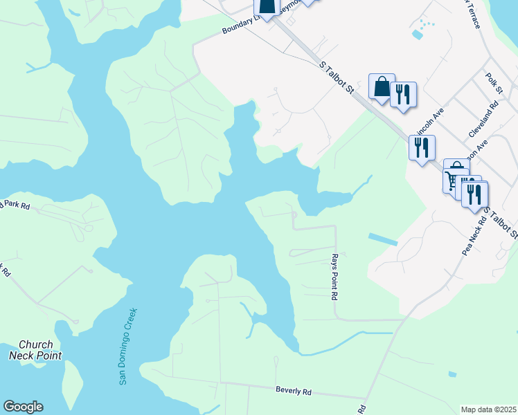 map of restaurants, bars, coffee shops, grocery stores, and more near 24700 Rays Point Road in Saint Michaels