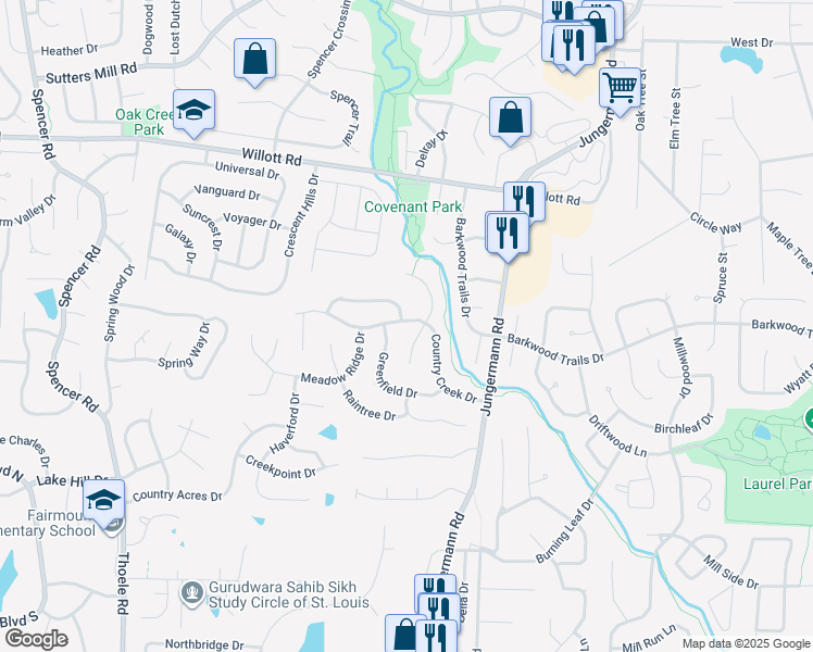 map of restaurants, bars, coffee shops, grocery stores, and more near 34 Country Creek Drive in St. Peters