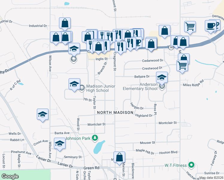 map of restaurants, bars, coffee shops, grocery stores, and more near 2330 Cragmont Street in Madison
