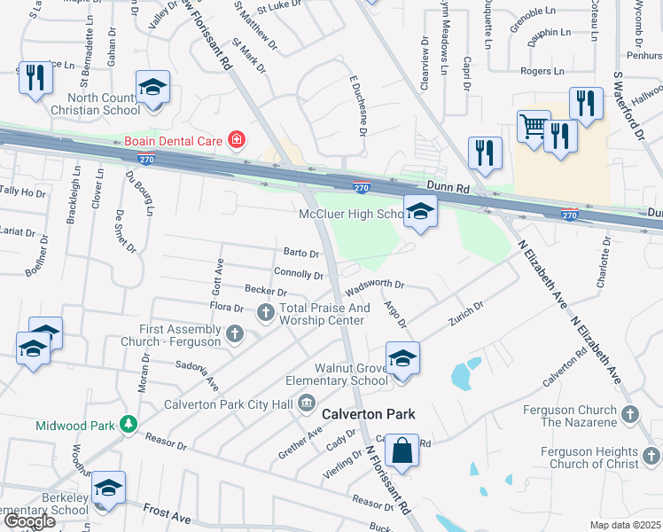 map of restaurants, bars, coffee shops, grocery stores, and more near 1 Taille De Noyer Drive in Florissant