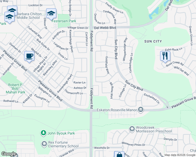 map of restaurants, bars, coffee shops, grocery stores, and more near 5081 Whiteclover Ln in Roseville