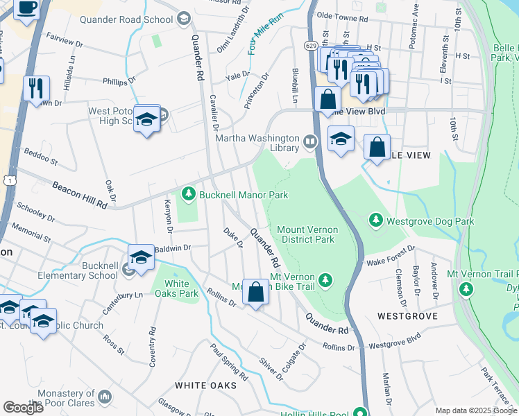 map of restaurants, bars, coffee shops, grocery stores, and more near 6733 Swarthmore Drive in Alexandria