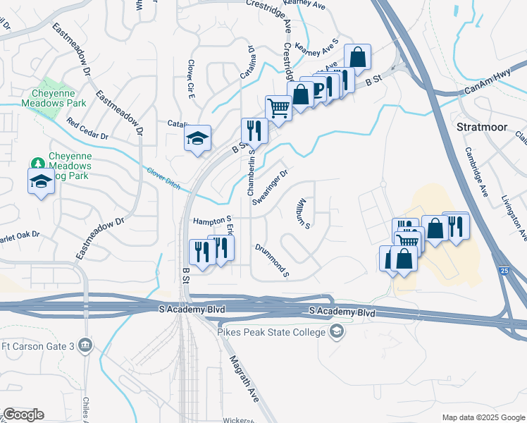 map of restaurants, bars, coffee shops, grocery stores, and more near 1830 Hampton South in Colorado Springs