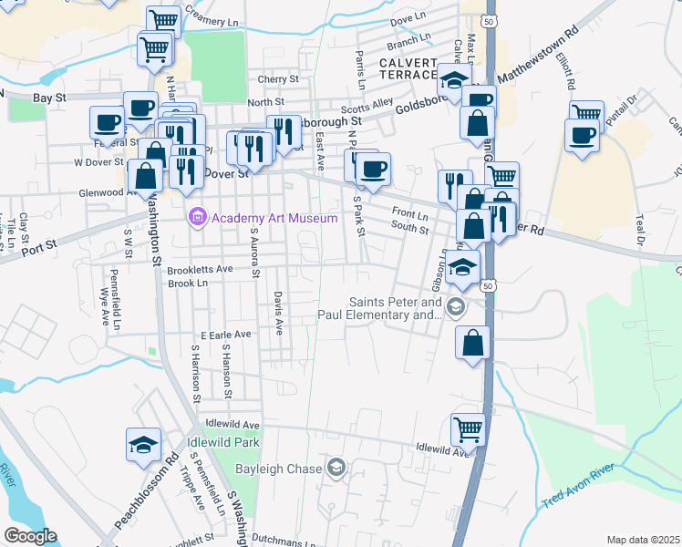 map of restaurants, bars, coffee shops, grocery stores, and more near 506 Brookletts Avenue in Easton