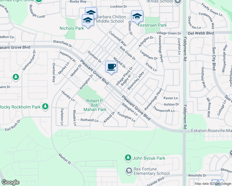 map of restaurants, bars, coffee shops, grocery stores, and more near 2197 Pleasant Grove Boulevard in Roseville