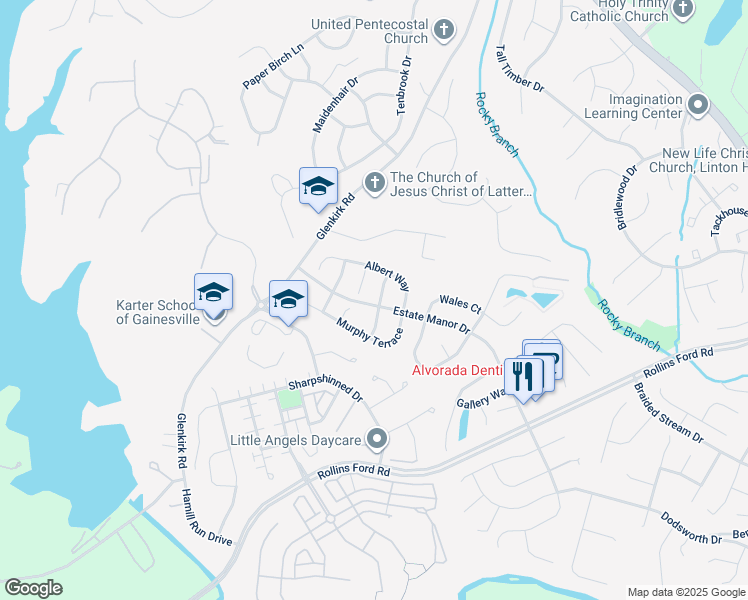 map of restaurants, bars, coffee shops, grocery stores, and more near 14168 Estate Manor Drive in Gainesville