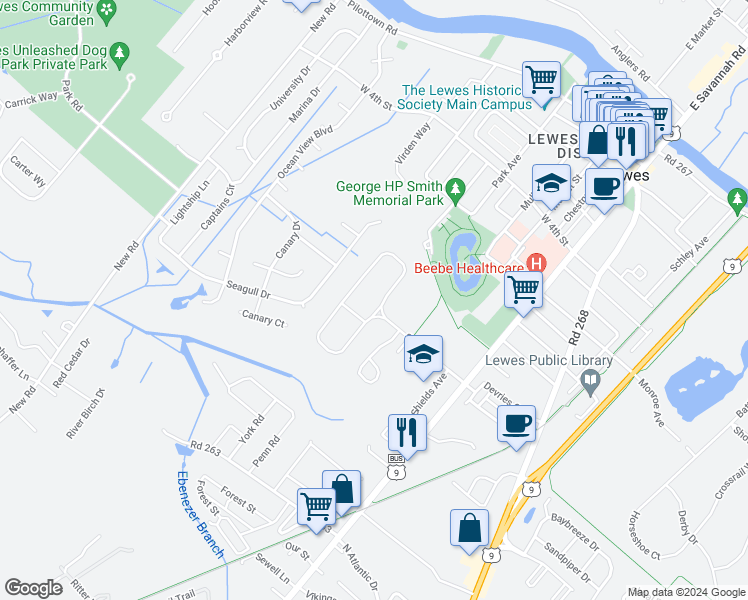 map of restaurants, bars, coffee shops, grocery stores, and more near 74 Sussex Drive in Lewes