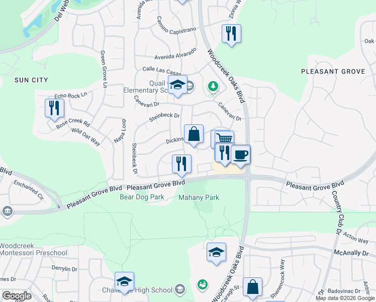 map of restaurants, bars, coffee shops, grocery stores, and more near 1620 Steinbeck Drive in Roseville