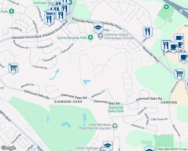 map of restaurants, bars, coffee shops, grocery stores, and more near 2188 Belvedere Circle in Roseville