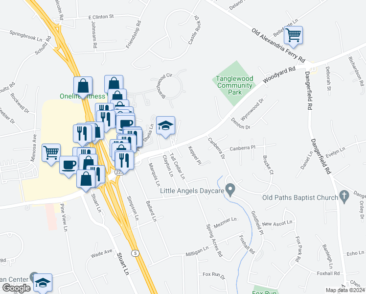 map of restaurants, bars, coffee shops, grocery stores, and more near 8614 Woodyard Road in Clinton