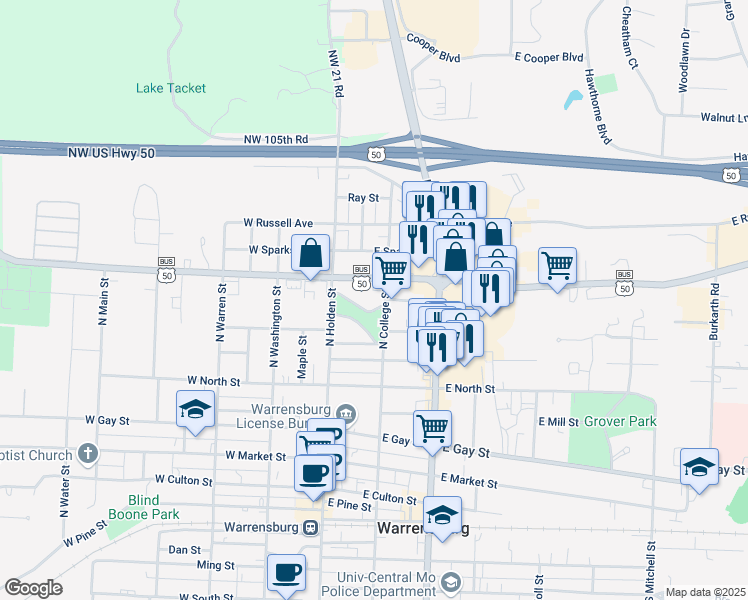 map of restaurants, bars, coffee shops, grocery stores, and more near 115 Vamo Road in Warrensburg