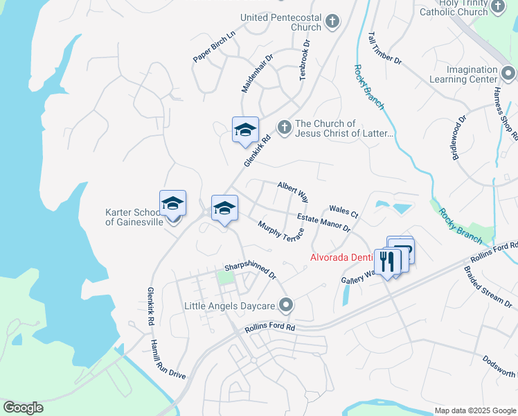 map of restaurants, bars, coffee shops, grocery stores, and more near 14201 Estate Manor Drive in Gainesville