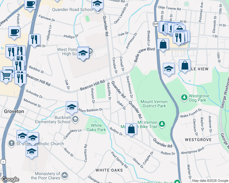 map of restaurants, bars, coffee shops, grocery stores, and more near 6730 Duke Drive in Alexandria