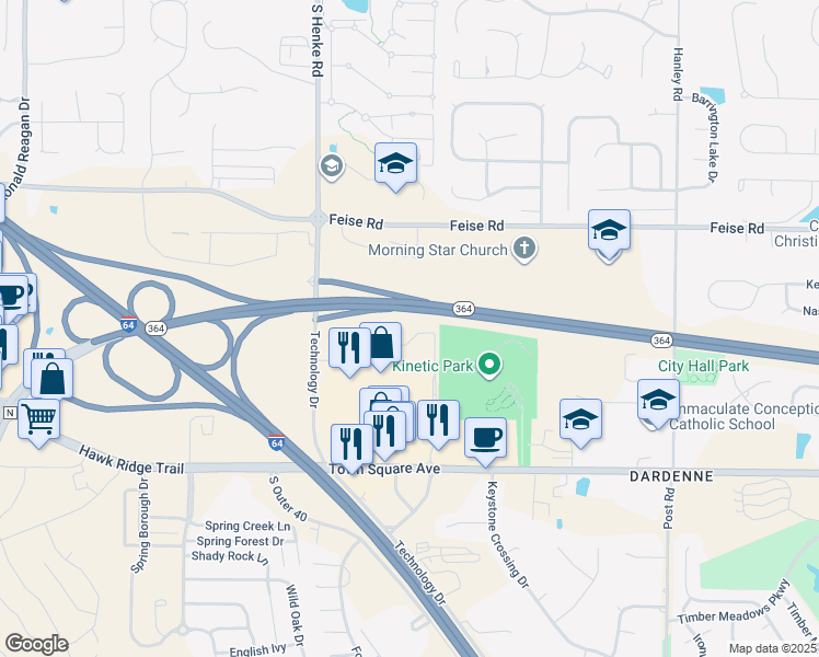 map of restaurants, bars, coffee shops, grocery stores, and more near 1307 Towne Square Drive in Dardenne Prairie