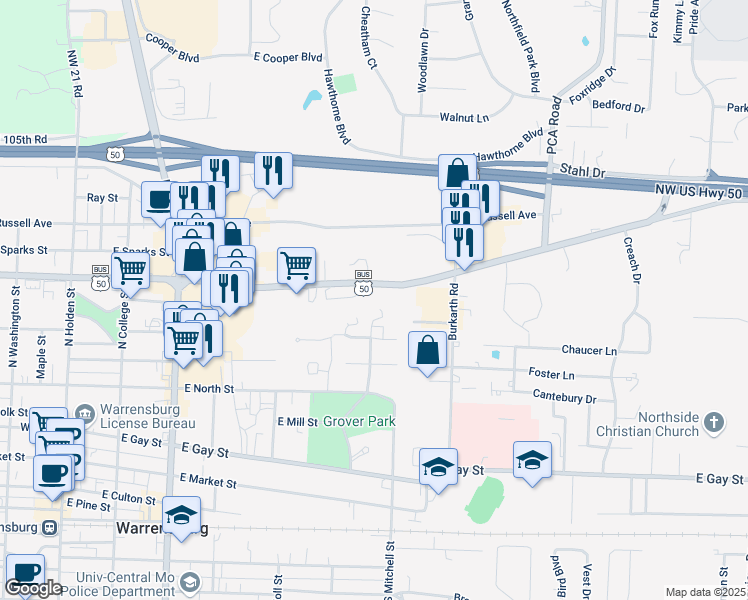 map of restaurants, bars, coffee shops, grocery stores, and more near 500 East Young Avenue in Warrensburg