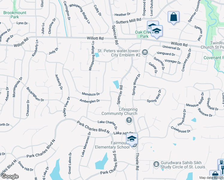 map of restaurants, bars, coffee shops, grocery stores, and more near 390 Emberwood Drive in St. Peters