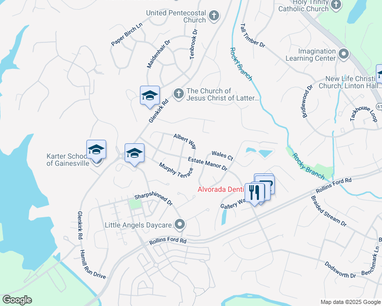 map of restaurants, bars, coffee shops, grocery stores, and more near 14005 Albert Way in Gainesville