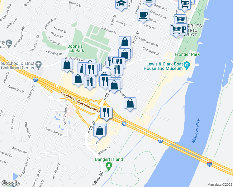 map of restaurants, bars, coffee shops, grocery stores, and more near 1352 South 5th Street in Saint Charles
