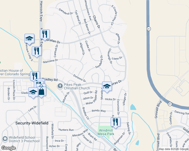 map of restaurants, bars, coffee shops, grocery stores, and more near 5135 Alturas Circle in Colorado Springs