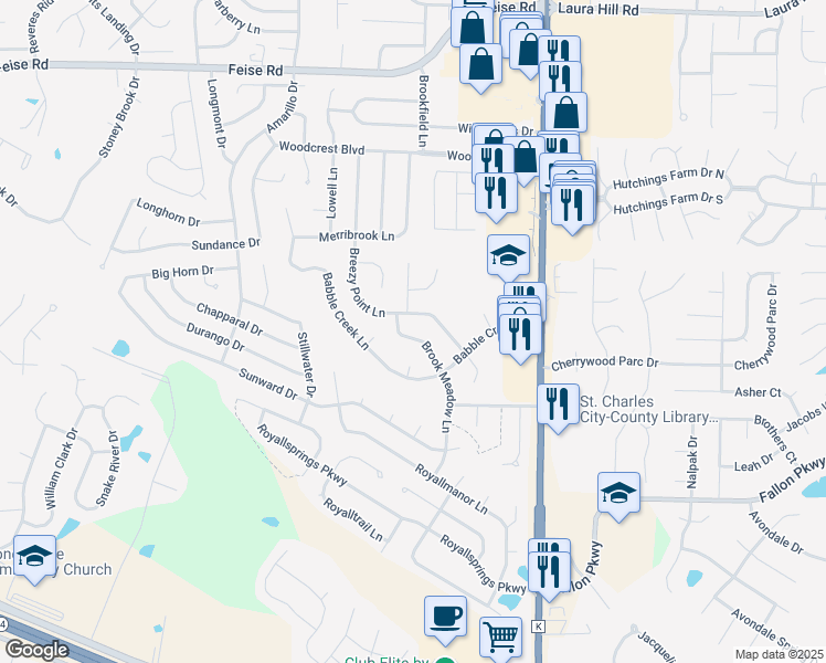 map of restaurants, bars, coffee shops, grocery stores, and more near 2644 Brook Meadow Lane in O'Fallon