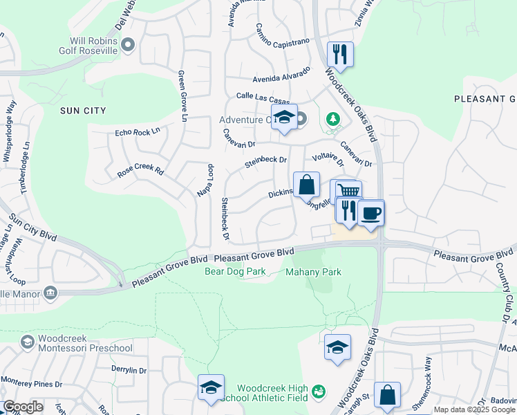 map of restaurants, bars, coffee shops, grocery stores, and more near 1516 Dickinson Drive in Roseville