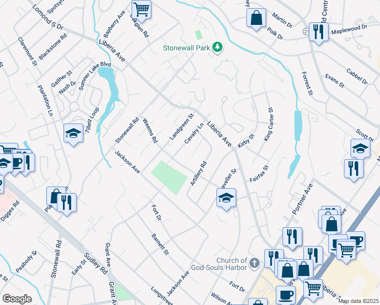 map of restaurants, bars, coffee shops, grocery stores, and more near 8596 Sherman Court in Manassas
