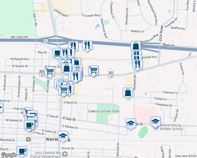 map of restaurants, bars, coffee shops, grocery stores, and more near 420 East Young Street in Warrensburg