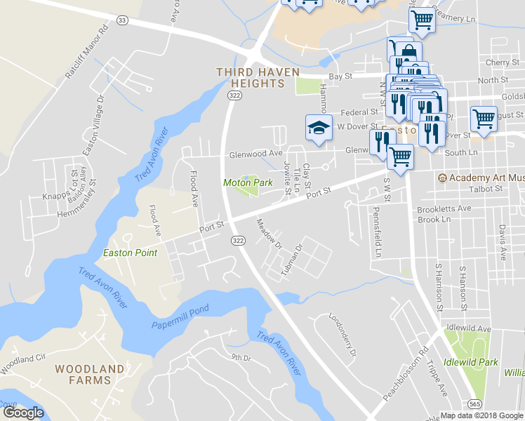 map of restaurants, bars, coffee shops, grocery stores, and more near 504 Port Street in Easton