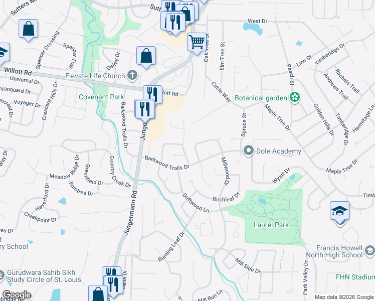 map of restaurants, bars, coffee shops, grocery stores, and more near 1016 Autumn Leaf Dr in St Peters