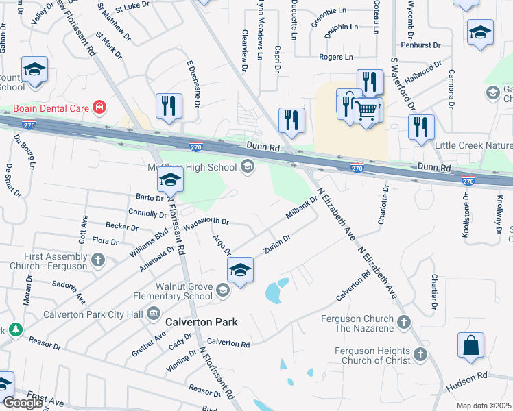 map of restaurants, bars, coffee shops, grocery stores, and more near 1 Taille De Noyer Drive in Florissant